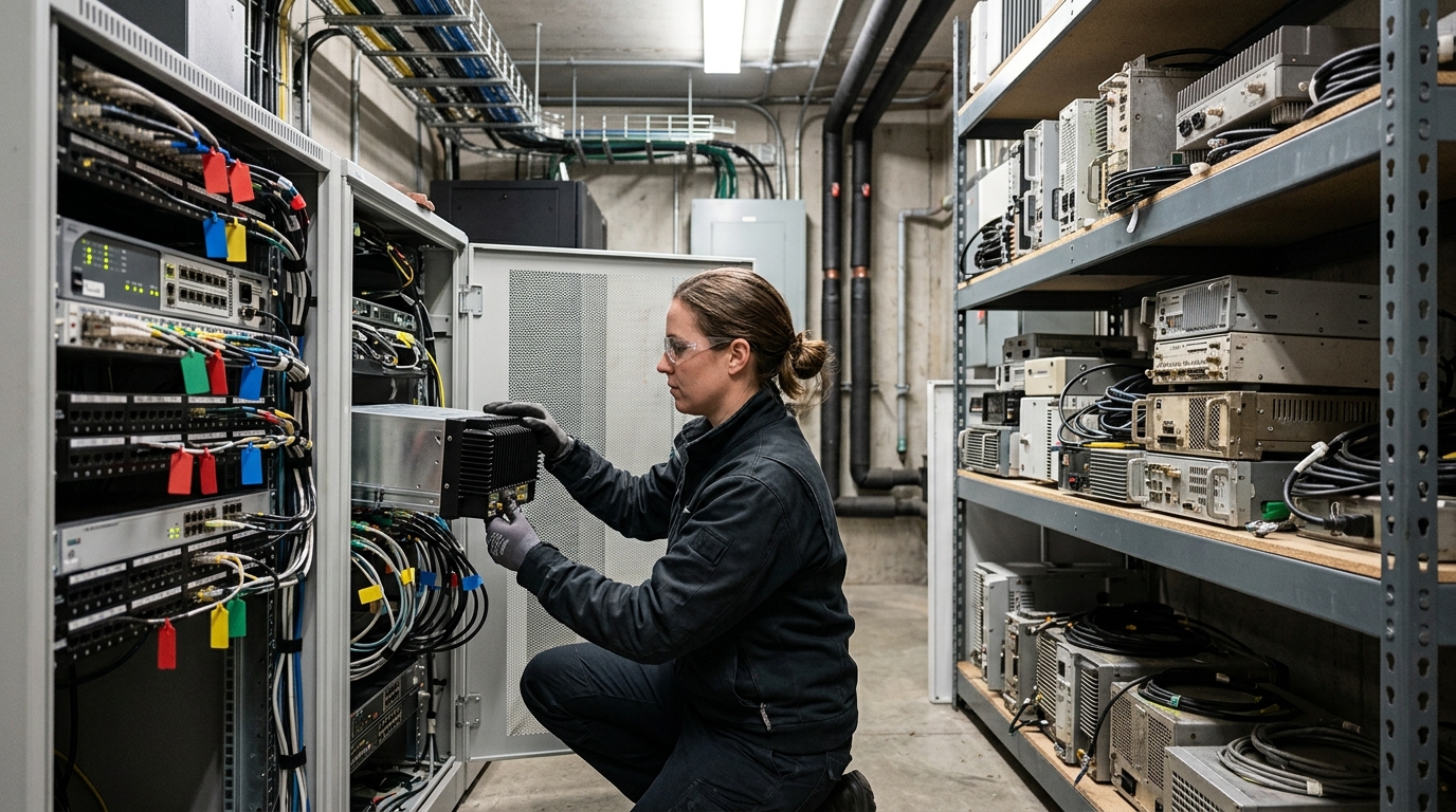 Tecnico sostituisce una radio in un armadio con moduli di generazioni diverse sullo scaffale: il 6G fra aggiornamento software e hardware nuovo