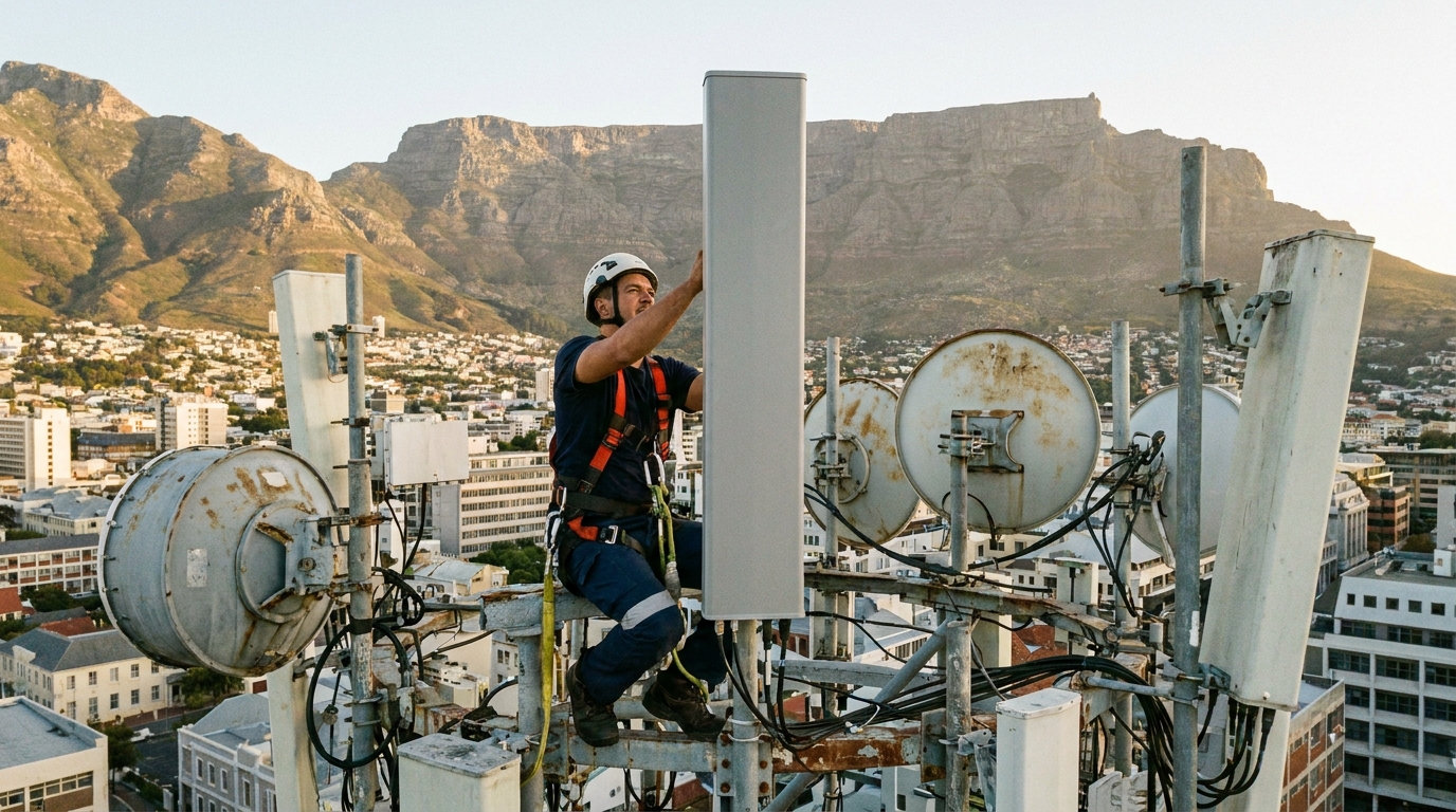 Antenna passive-active massive MIMO: tecnico installa un pannello compatto su un traliccio affollato a Città del Capo