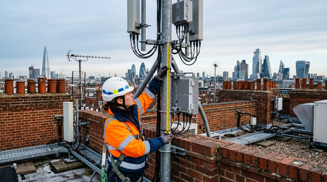 Antenne 5G Regno Unito: una tecnica con casco e giubbotto ad alta visibilità misura con un metro l'altezza del palo di una BTS sul tetto di un edificio in mattoni a Londra, con la skyline sullo sfondo