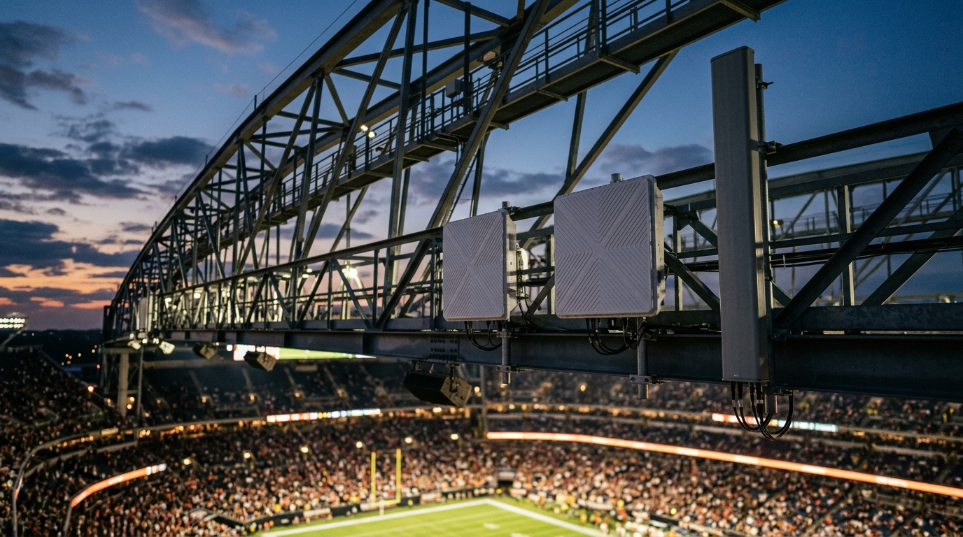 Antenne multibeam a pannello quadrato montate sulla struttura di uno stadio accanto a un'antenna tradizionale: la sfida delle multibeam al Massive MIMO