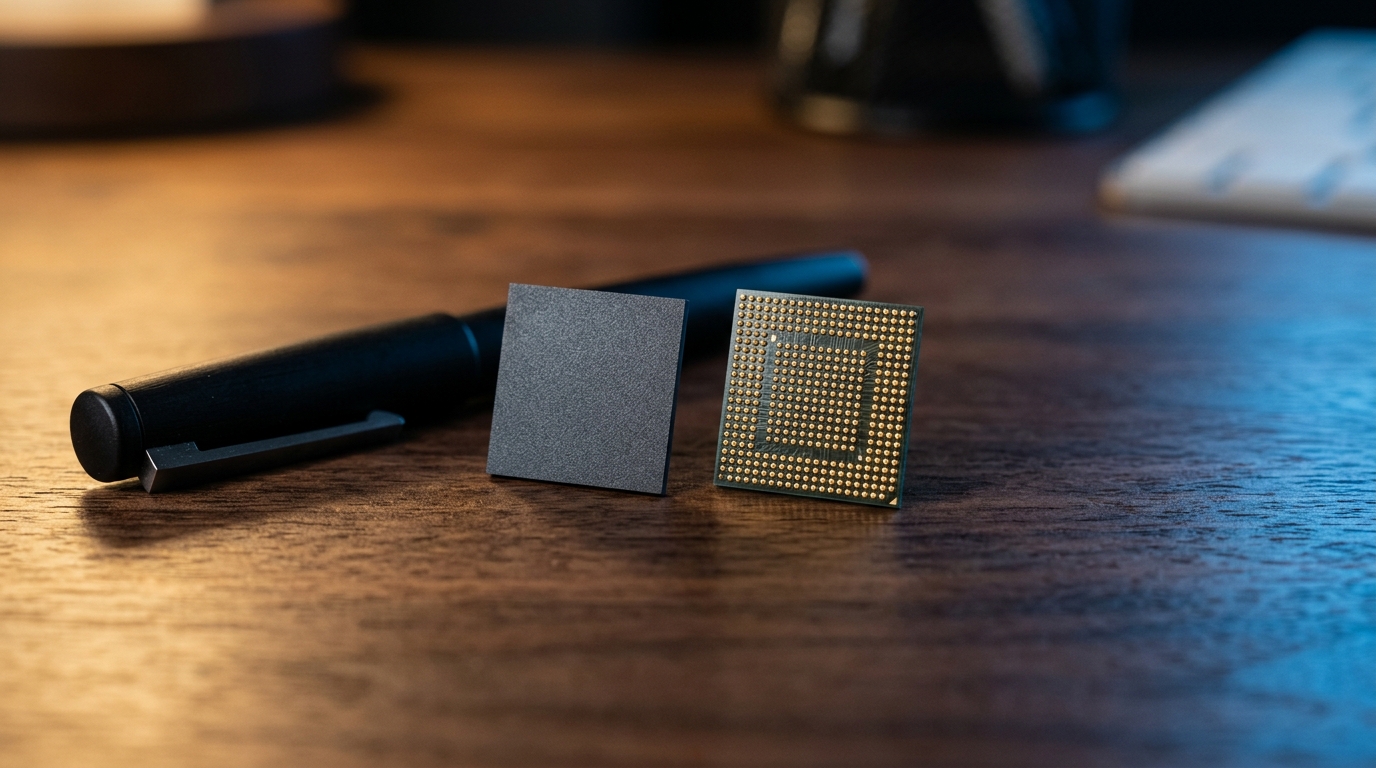 Due chip modem per smartphone affiancati su una scrivania accanto a una penna: il rinnovo della licenza brevetti tra Apple e Qualcomm