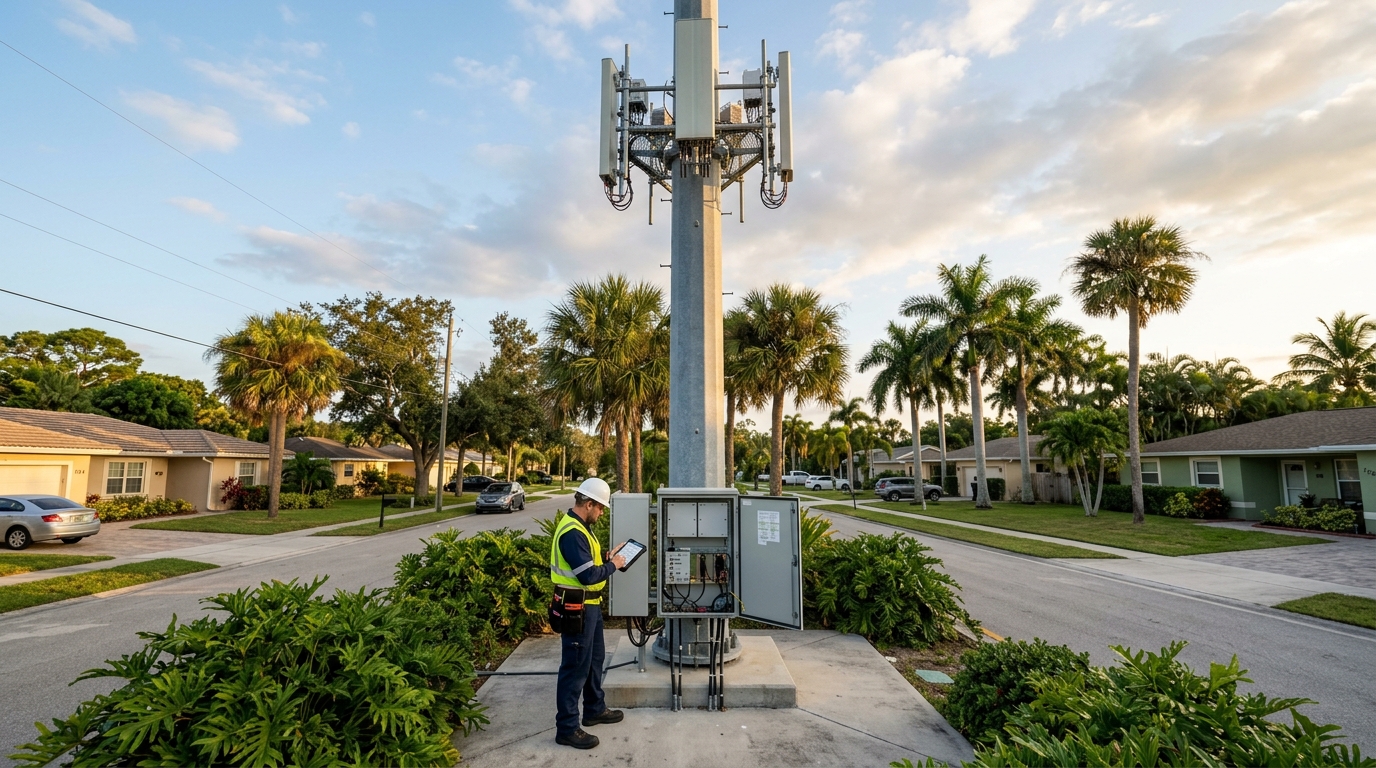 Tecnico ai piedi di un palo con antenne 5G in un quartiere residenziale della Florida: AT&T chiede alla FCC di affittare lo spettro 3,45 GHz di N Squared