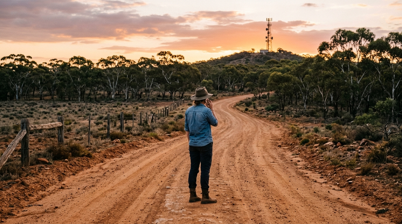 Una donna telefona in mezzo a una strada sterrata dell'outback australiano, con un traliccio di rete mobile in lontananza: la riforma del Triple Zero e il roaming nazionale