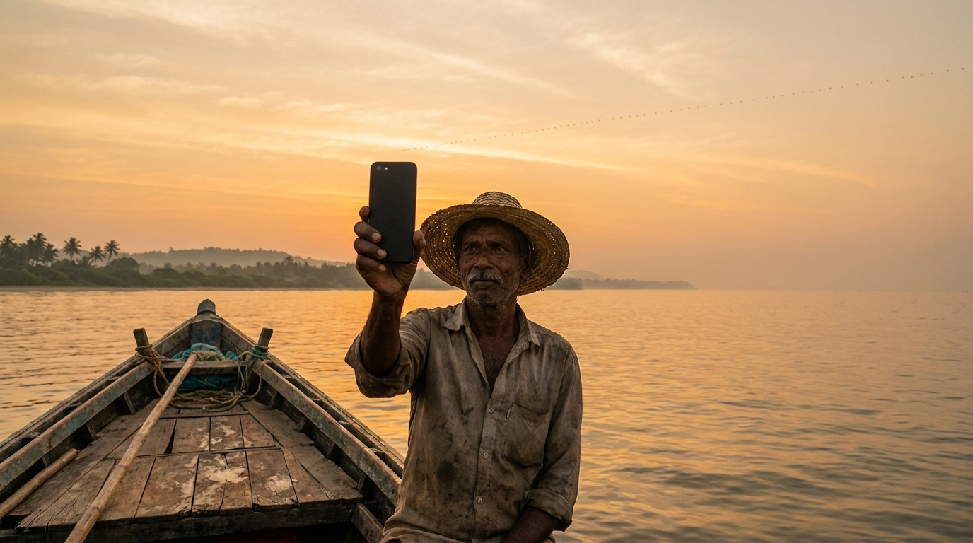 Pescatore su una barca nel Golfo del Bengala alza lo smartphone verso una fila di satelliti al tramonto: Banglalink lancia il direct-to-cell di Starlink in Bangladesh