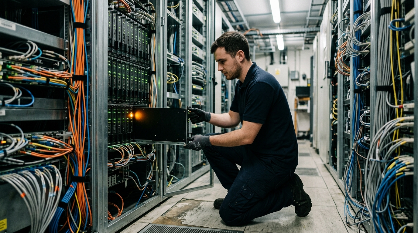 Tecnico in una centrale telefonica estrae un modulo hardware guasto da un armadio di rete: il blackout Optus dell'11 settembre 2026 è nato da un apparato in una centrale del Victoria