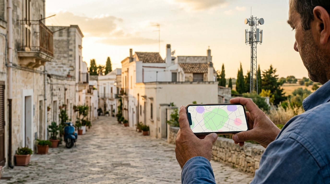 Un uomo in un paese del Salento guarda sullo smartphone una mappa a zone colorate, con una BTS di telefonia mobile sullo sfondo: Cartoradio, la mappa MIMIT delle stime dei campi elettromagnetici