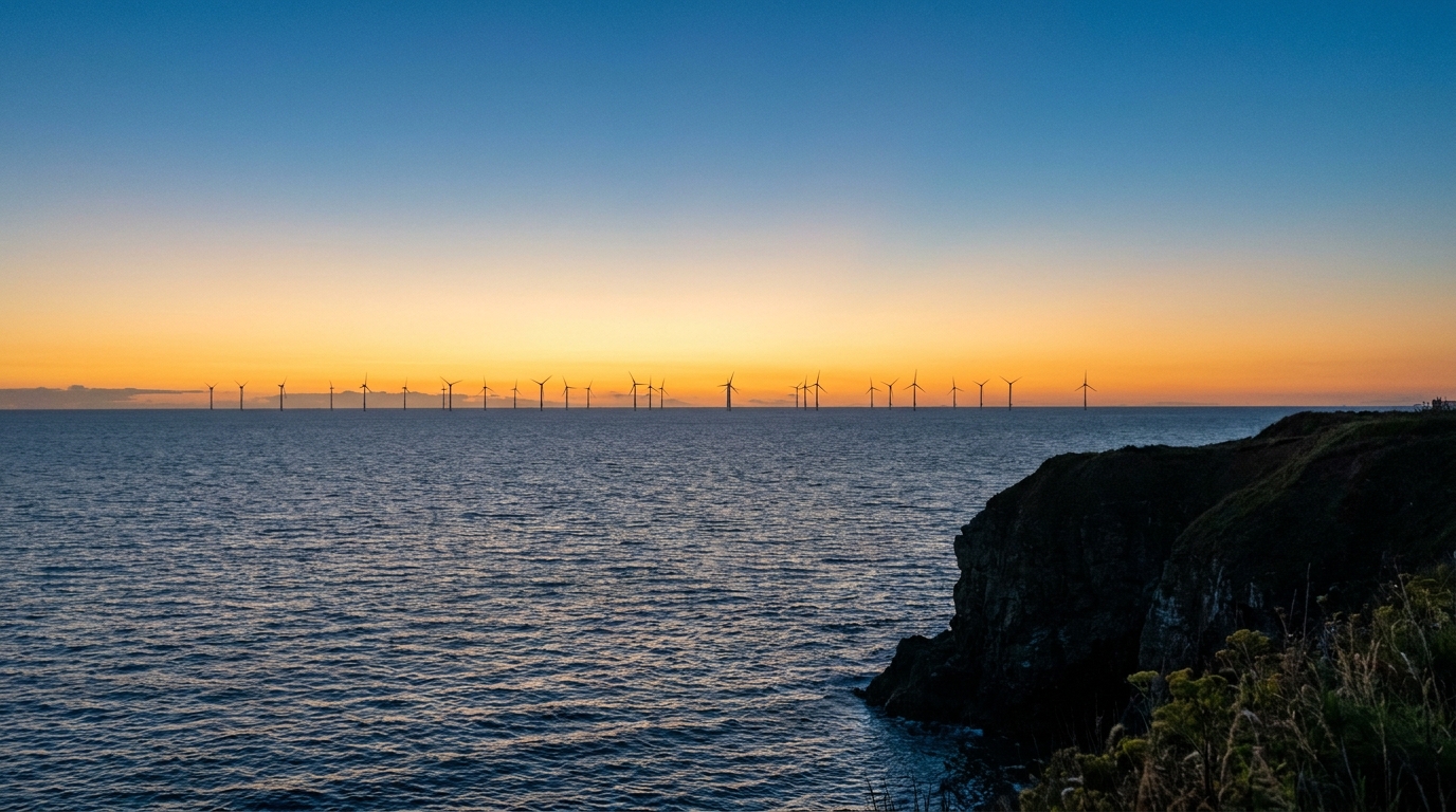Parco eolico offshore all'alba visto dalla costa: la rete 5G marittima di China Unicom nel Guangdong usa le turbine come siti radio