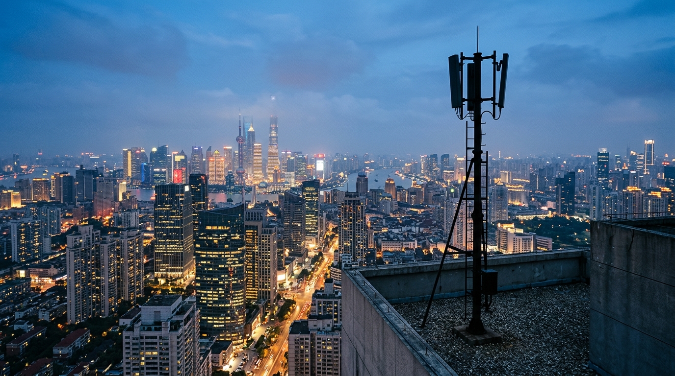 Piano quinquennale Cina reti 5G: skyline di una metropoli cinese all'ora blu con una BTS di rete mobile in silhouette su un tetto in primo piano
