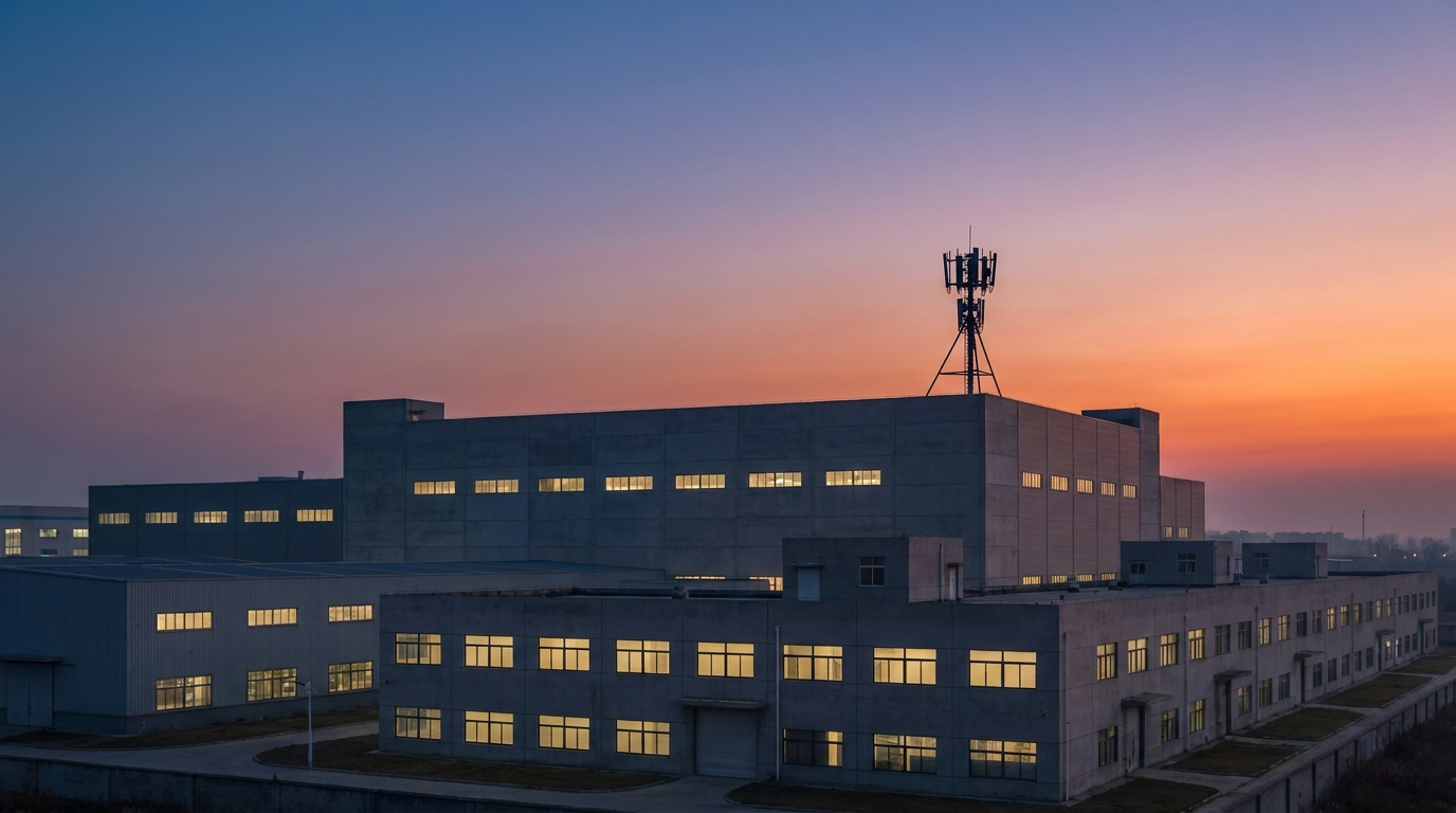 Reti 5G private in Cina: un grande stabilimento industriale al tramonto con una BTS sul tetto, simbolo del 5G costruito dentro la fabbrica