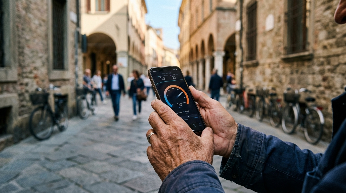 Classifica Altroconsumo reti mobili 2026: le mani di un uomo tengono uno smartphone con un test di velocità in una via porticata di una città italiana