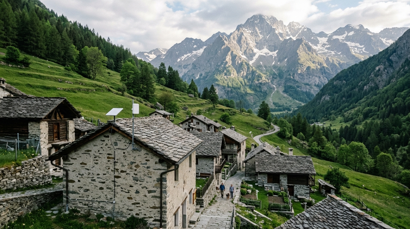 Borgo di montagna in Lombardia con un terminale satellitare sul tetto di un edificio: la sperimentazione di connettività satellitare ibrida per i borghi