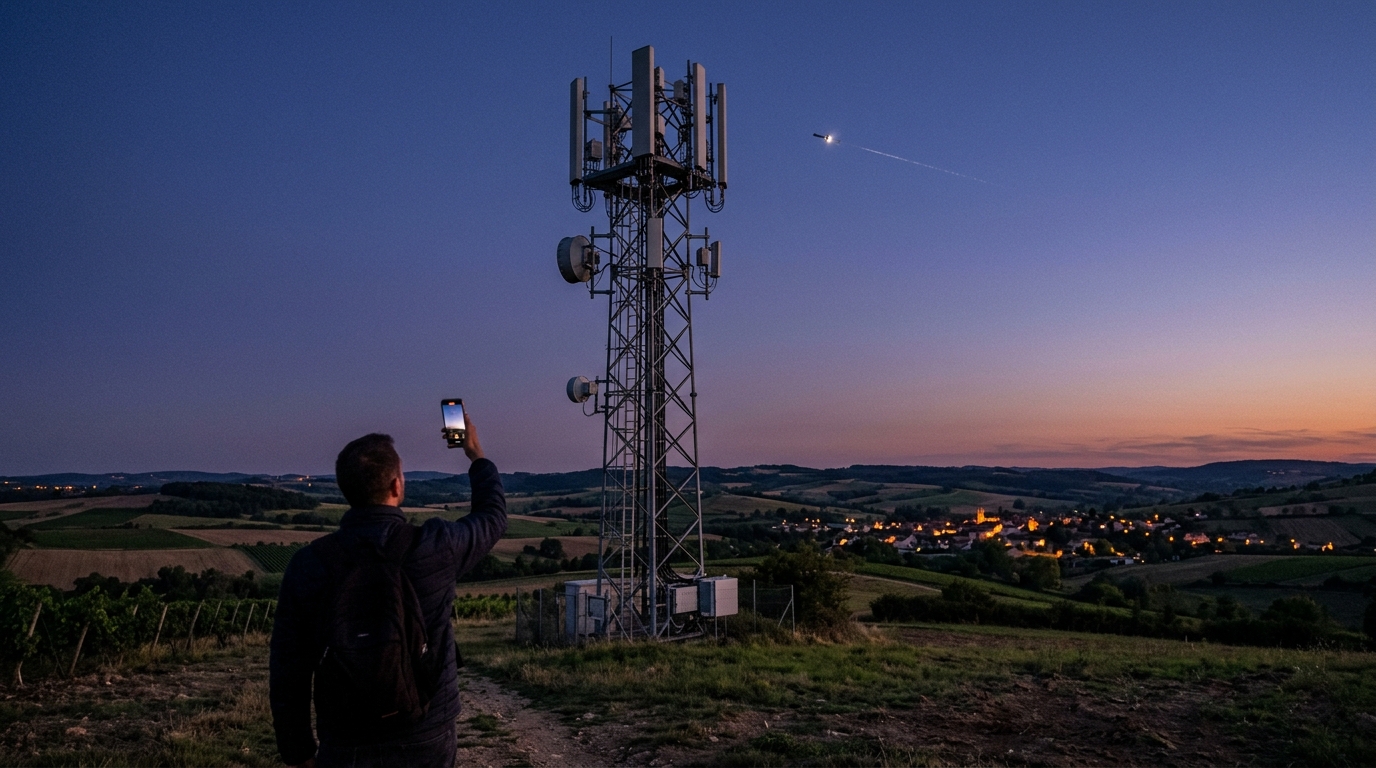 Consorzio satellitare europeo per il direct-to-device: un uomo alza lo smartphone verso il cielo al crepuscolo accanto a una BTS di rete mobile, con un satellite in transito sopra le colline