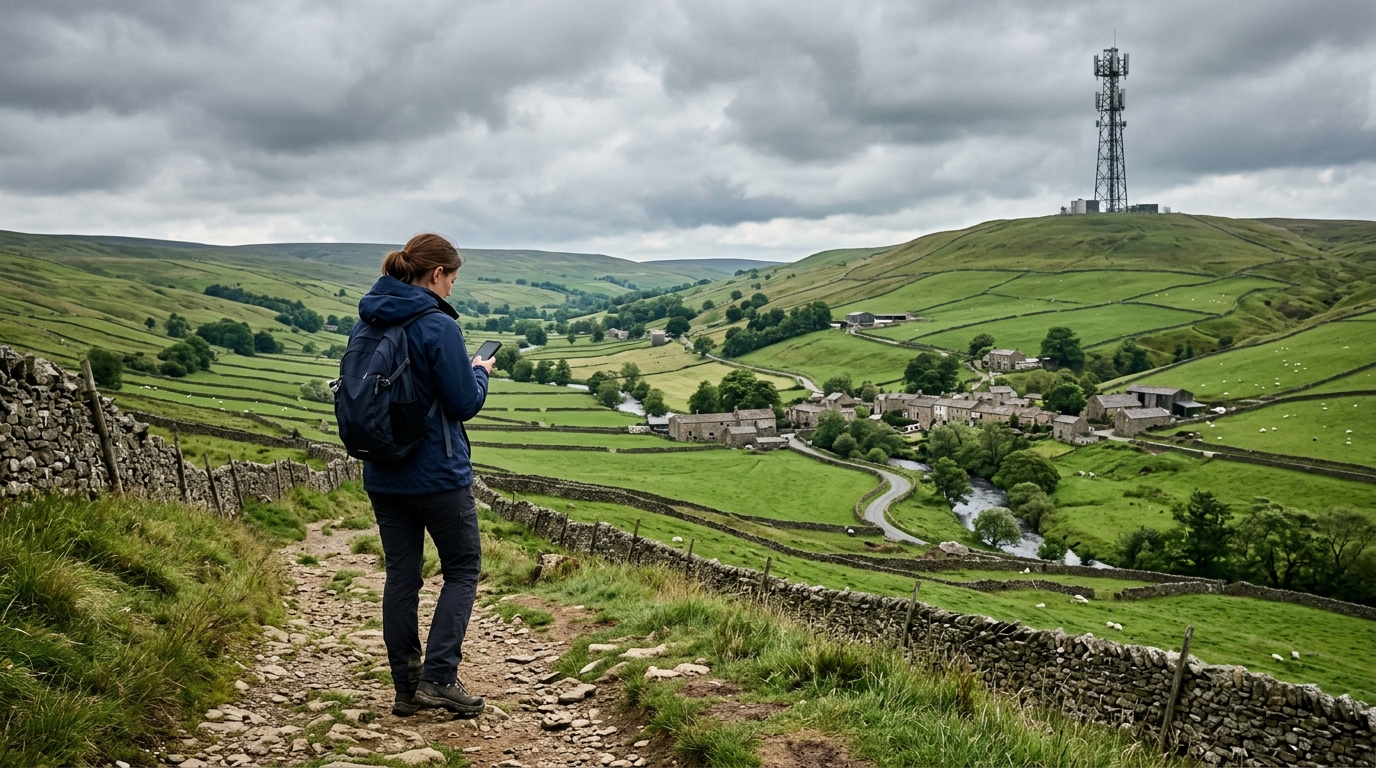 Escursionista con lo smartphone in una valle della campagna britannica, con una BTS su una collina: la copertura 5G nel Regno Unito misurata dal barometro nPerf 2026
