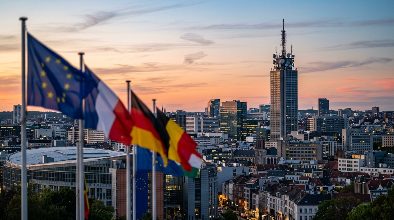 Bandiere europee davanti allo skyline di Bruxelles al tramonto con un sito di rete mobile in cima a un grattacielo: i governi UE vogliono togliere la scadenza di 36 mesi per i fornitori ad alto rischio