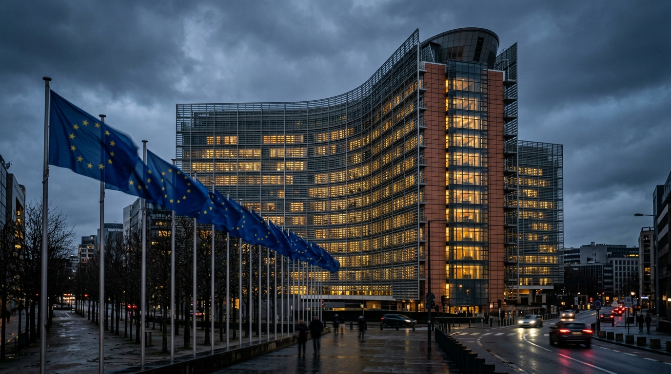 Palazzo Berlaymont della Commissione europea a Bruxelles al crepuscolo con le bandiere UE: la lettera dei 17 CEO telco sul Digital Networks Act