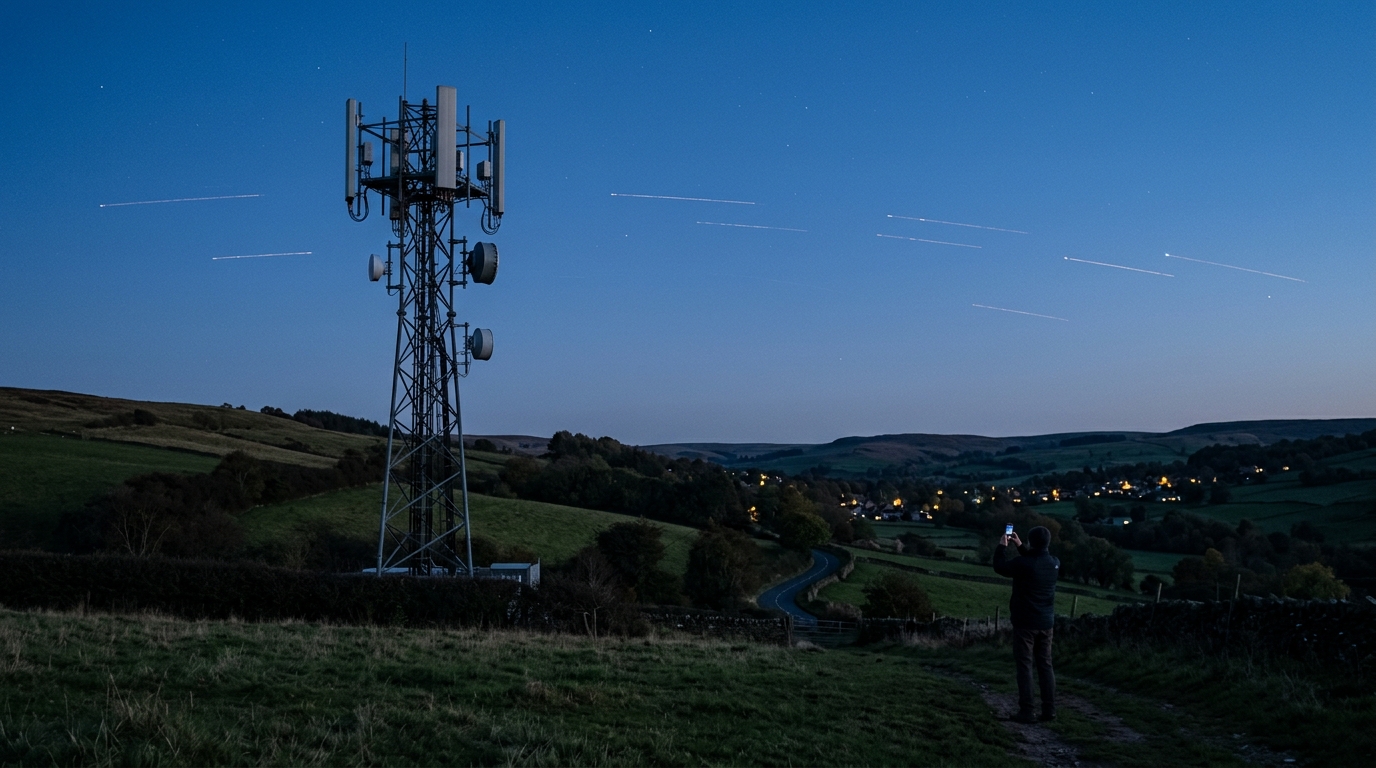 BTS di una rete mobile in campagna al crepuscolo con scie di satelliti in cielo: il direct-to-device e lo spettro delle reti mobili verso la WRC-27