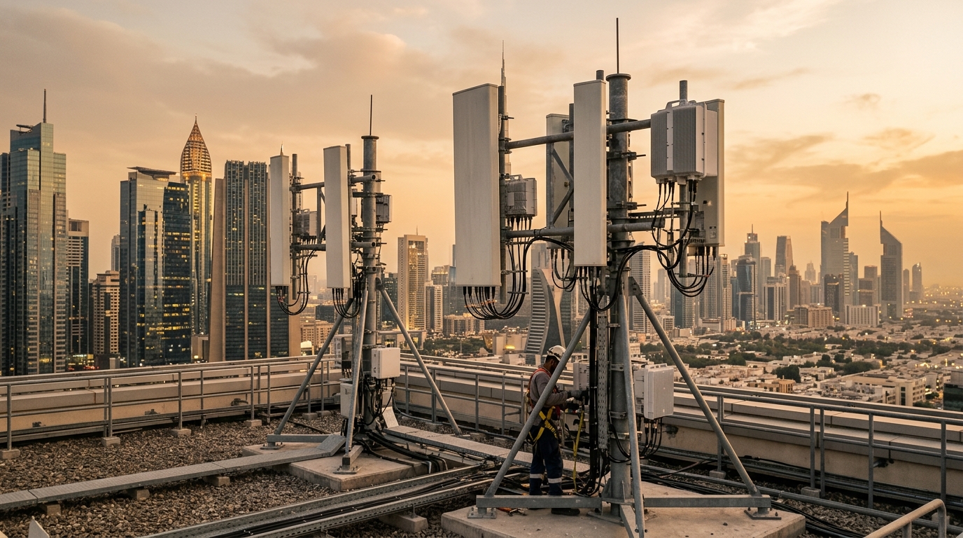 Stazione radio base su un tetto con antenne 5G Massive MIMO e skyline del Golfo al tramonto: la carrier aggregation a sei portanti di du e Nokia