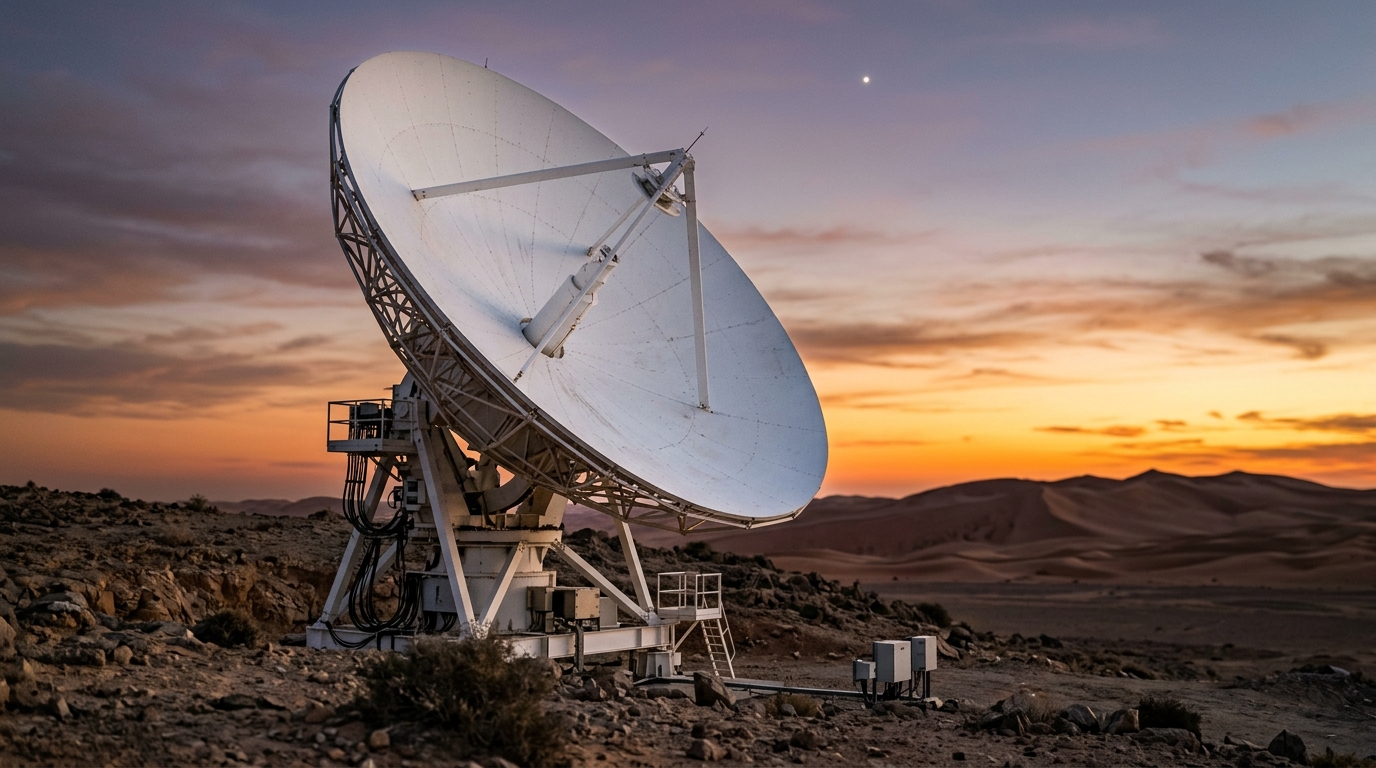 Equatys, la tower company satellitare di Space42 e Viasat: una grande antenna parabolica di stazione terrena nel deserto degli Emirati al tramonto
