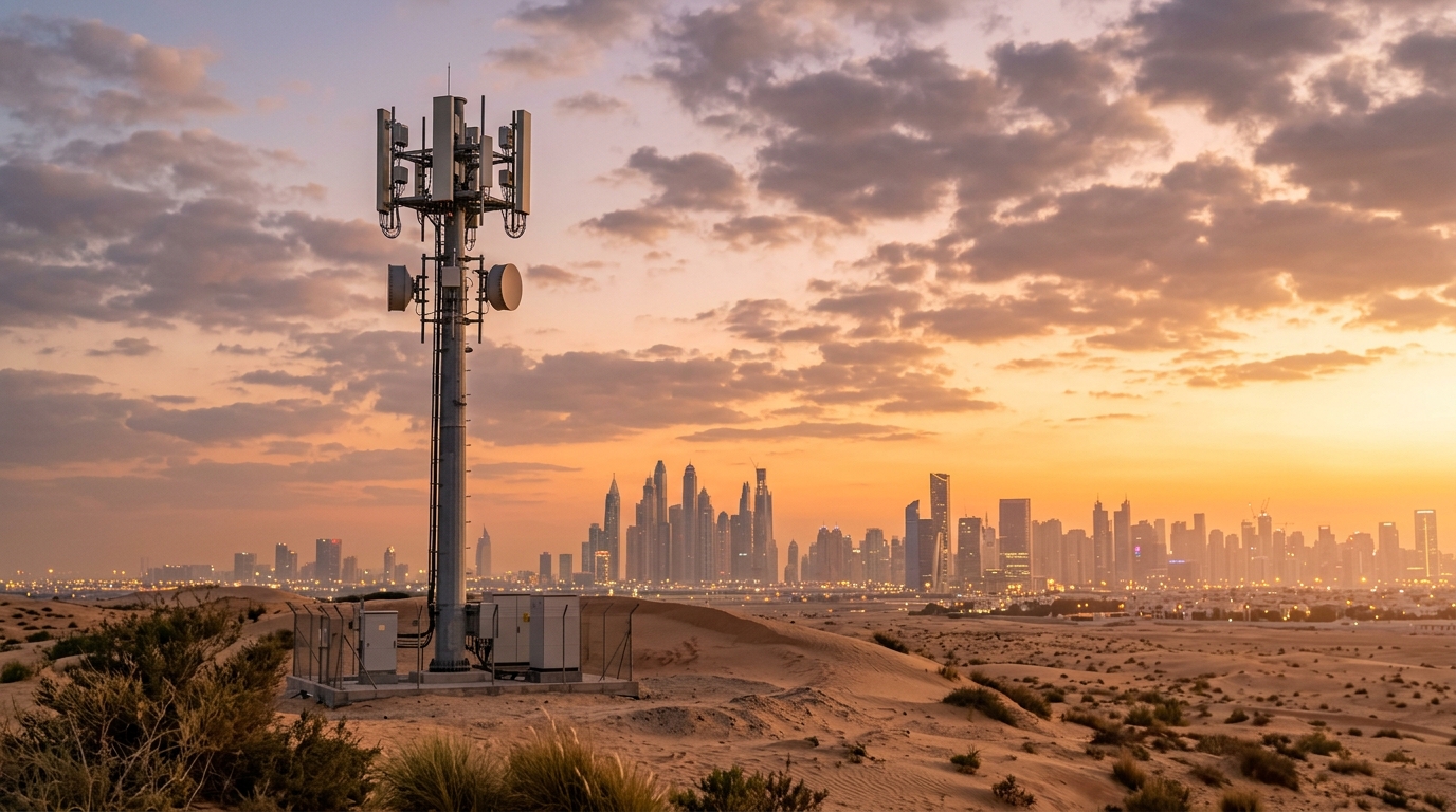 BTS con pannelli d'antenna attivi nel deserto al tramonto con skyline sullo sfondo: l'accordo Ericsson Mobily porta l'AI nel RAN in Arabia Saudita