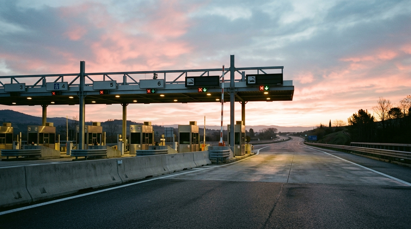 Casello autostradale deserto all'alba con le corsie vuote: la fine del fair share, il pedaggio che le telco europee non incasseranno mai