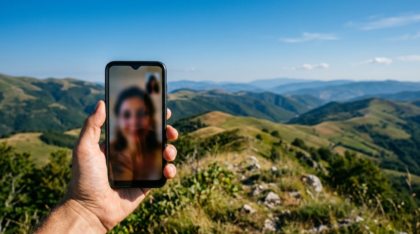 Mano che regge uno smartphone durante una videochiamata su un crinale degli Appennini umbri senza antenne né copertura: la prima chiamata satellitare italiana di Fastweb + Vodafone con Starlink Mobile