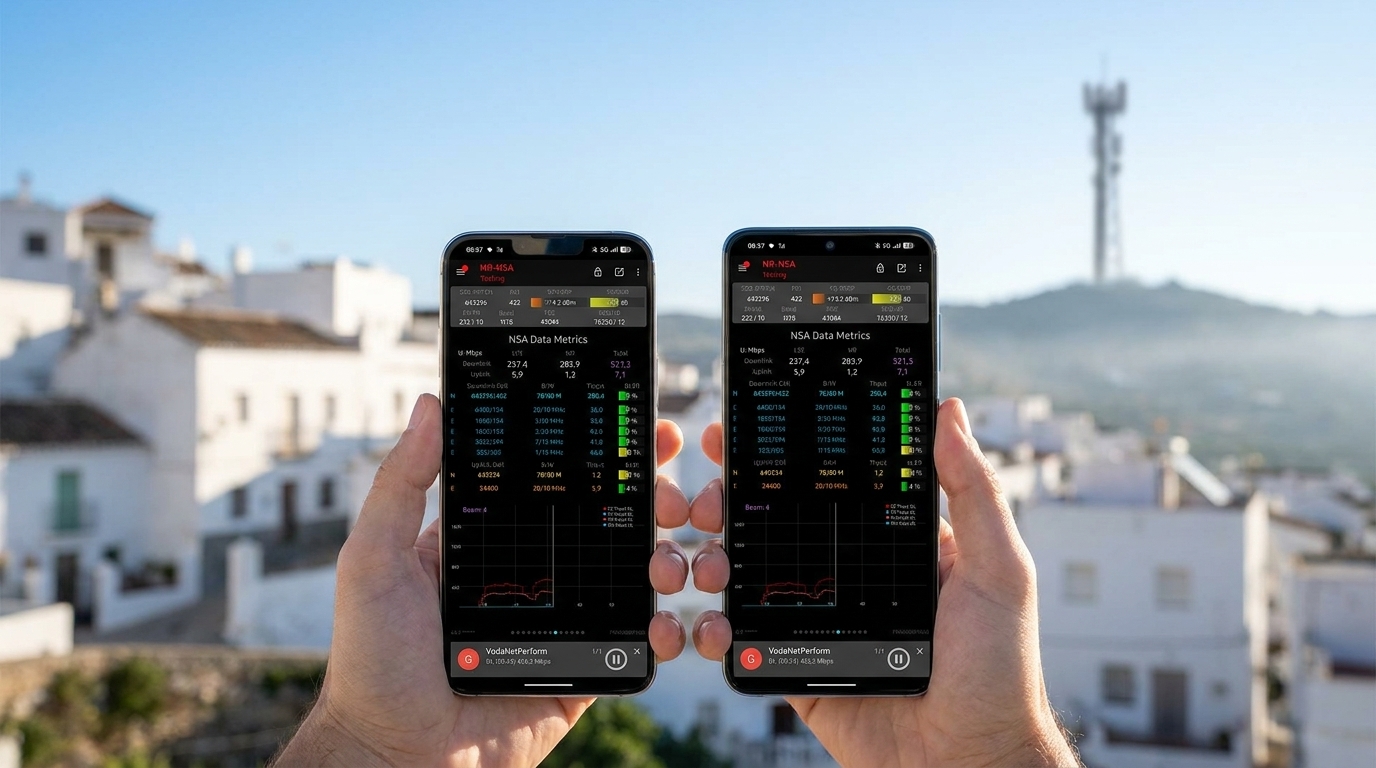 Due smartphone affiancati mostrano i dati di rete 5G nel Salento, con Fastweb su Pixel e Vodafone su iPhone