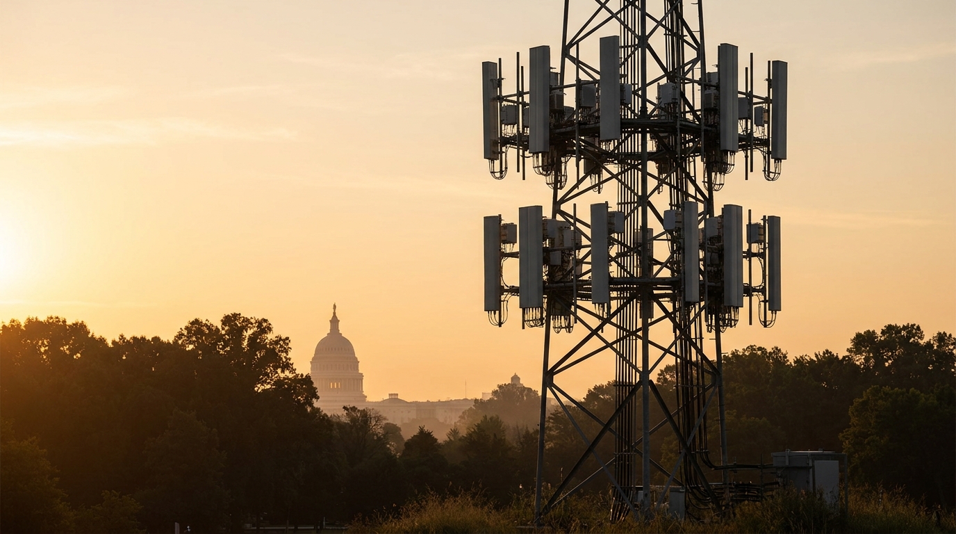 Stazione radio base 5G americana al tramonto con il Campidoglio di Washington sullo sfondo: le aste dello spettro della FCC potrebbero rendere oltre 100 miliardi di dollari