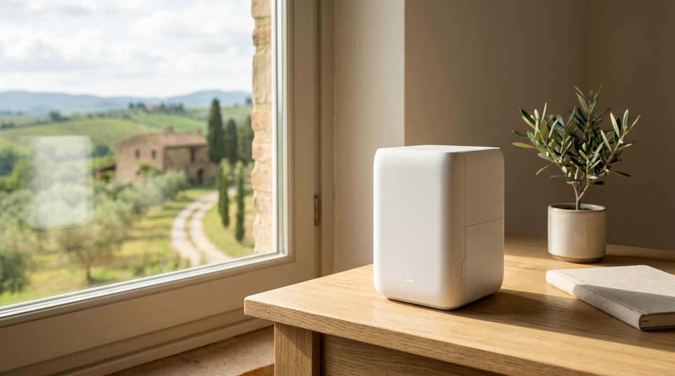 FRITZ!Box 6835 5G, router 5G bianco su una scrivania davanti a una finestra con vista sulla campagna
