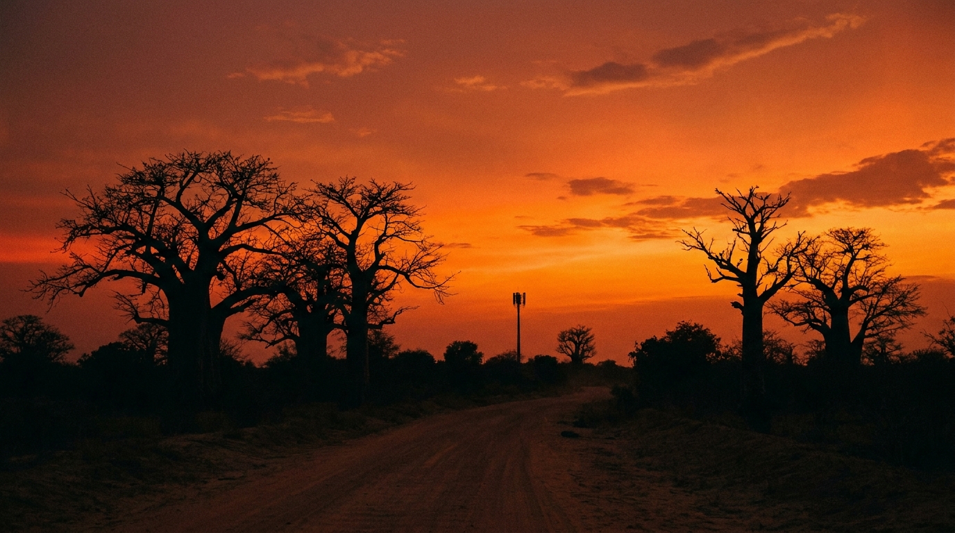 Savana con baobab al tramonto e un'antenna per telefonia mobile in lontananza: lo spettro 5G del Ghana a 700 MHz assegnato a MTN per 109,9 milioni di dollari