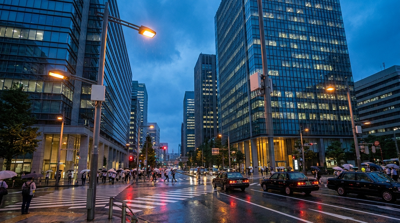 Strada di Tokyo al tramonto con piccoli ripetitori 5G a onde millimetriche montati sui lampioni: gli operatori giapponesi studiano la condivisione delle infrastrutture 28 GHz