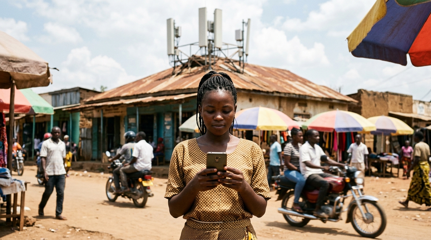 Giovane donna in una strada di mercato africana con uno smartphone entry level in mano e, sul tetto alle sue spalle, una BTS con antenne: il report GSMA 2026 sull'usage gap dell'internet mobile