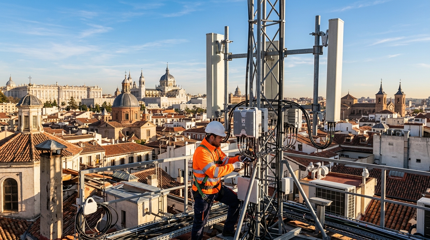 Huawei Spagna 5G: un tecnico in giubbotto ad alta visibilità lavora su una BTS di rete mobile sul tetto di un palazzo storico, con i tetti e le cupole di Madrid sullo sfondo