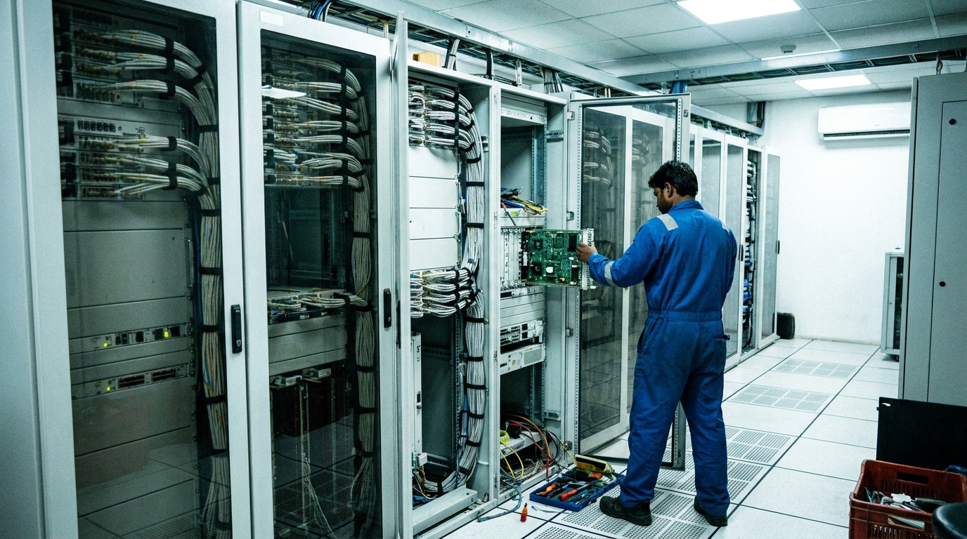 Tecnico sfila una scheda da un rack di apparati di rete: l'India valuta il rip and replace di Huawei e ZTE