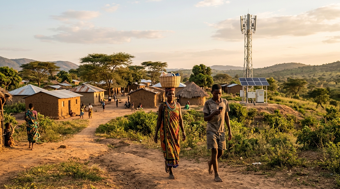 Villaggio rurale africano con una BTS alimentata a pannelli solari e una ragazza con un telefono base in mano: il divario di utilizzo dell'internet mobile in Africa secondo la roadmap GSMA e PDAA
