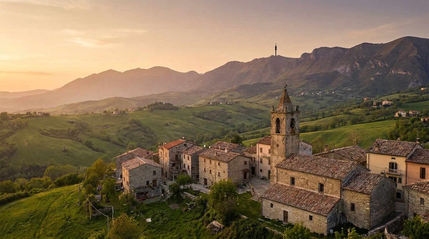 Nuovi siti INWIT: una BTS della rete mobile sul crinale sopra un piccolo paese di montagna italiano, dove il 5G spesso manca
