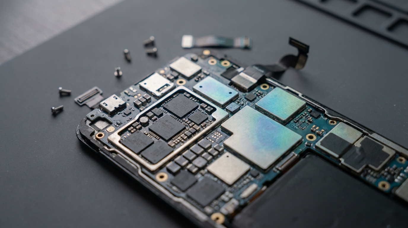 Scheda madre di uno smartphone smontata, con chip e modulo modem schermato in evidenza