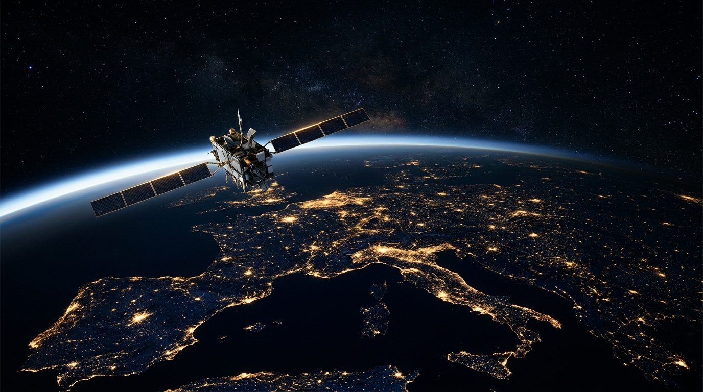 IRIS² contratti satelliti: un satellite per telecomunicazioni in orbita bassa sopra l'Europa di notte, con le luci delle città di Italia, Francia e Spagna sotto