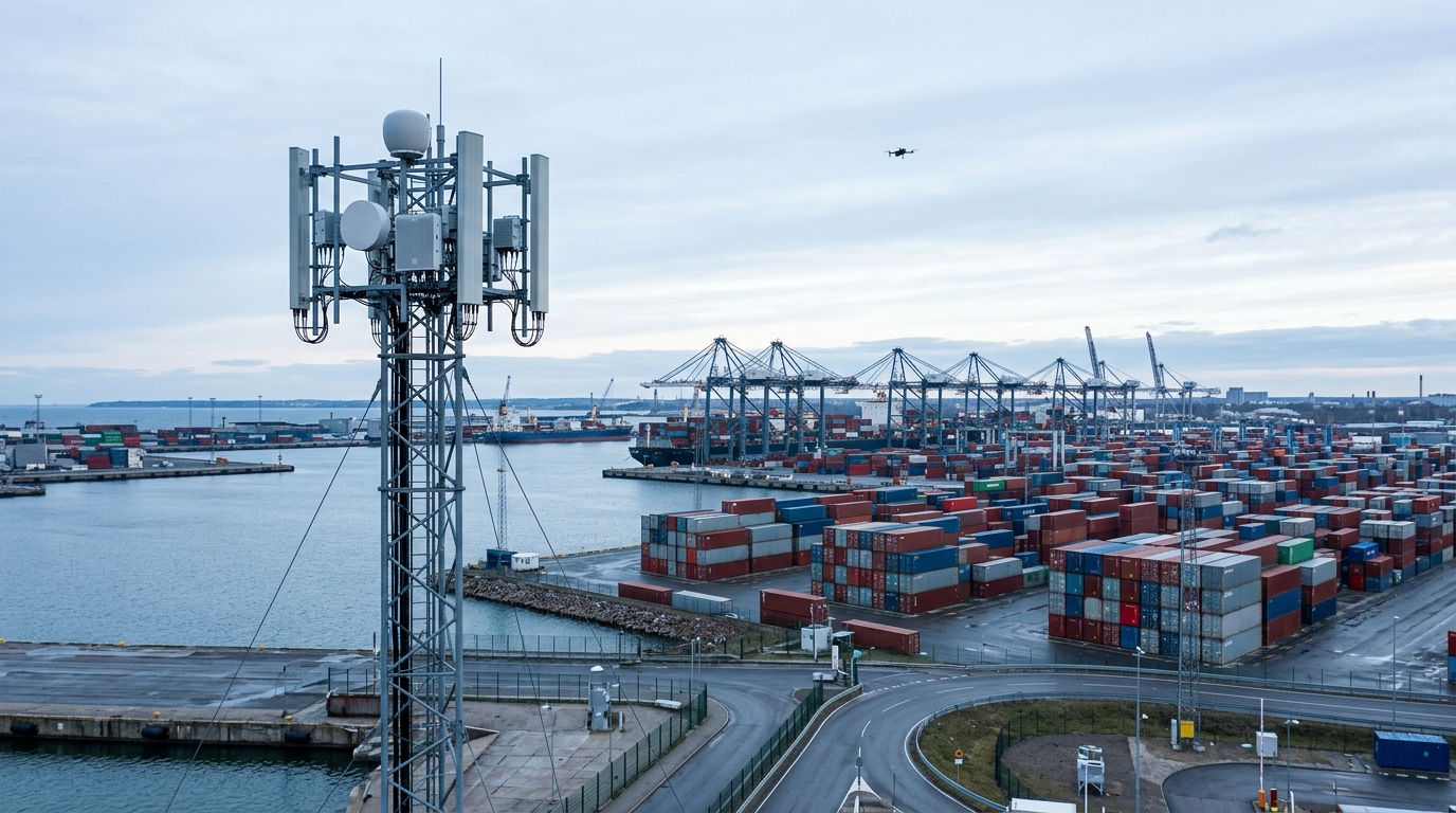 Traliccio di rete mobile 5G con antenne Massive MIMO davanti a un porto container e un piccolo drone in cielo: il rilevamento droni con ISAC su rete 5G