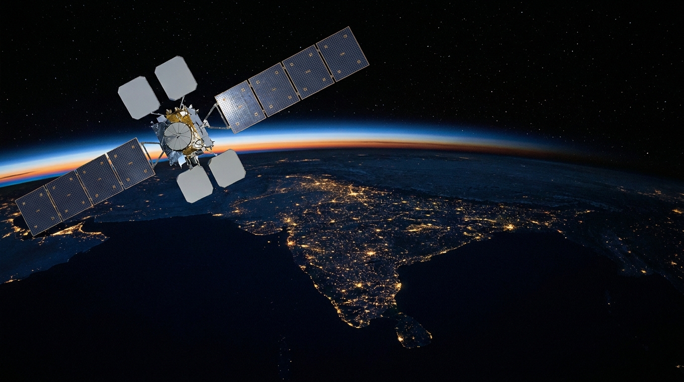 Satellite in orbita bassa sopra l'India di notte: la costellazione LEO di Jio da 1.600 satelliti