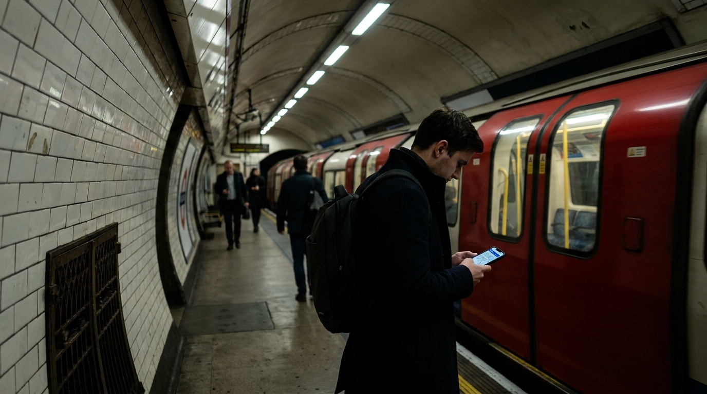 Banchina della metropolitana di Londra con treno rosso e pendolare che usa lo smartphone: la Tube ora ha copertura 4G e 5G