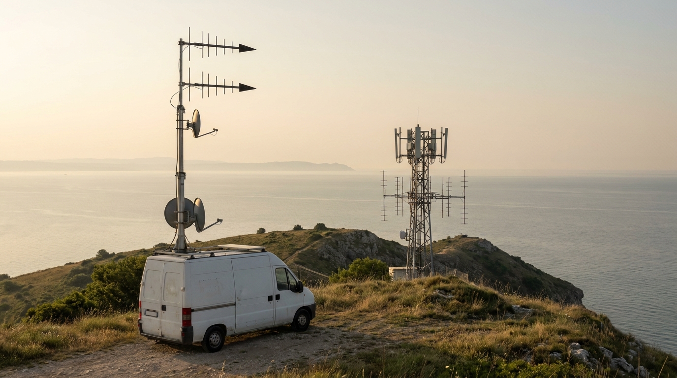 Furgone per il monitoraggio dello spettro radioelettrico con antenne direzionali su una collina affacciata sul mare: il Mimit stanzia 5 milioni per le interferenze transfrontaliere