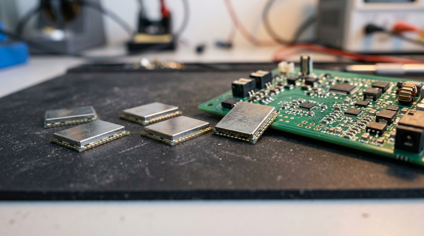 Moduli IoT cellulari LTE Cat 1 bis su un banco di lavoro accanto alla scheda elettronica di un contatore intelligente