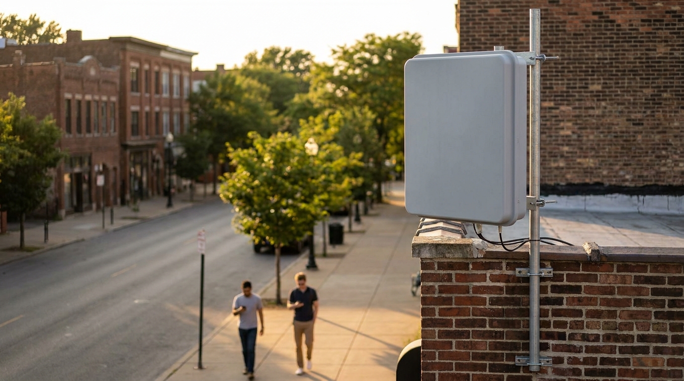 MU-MIMO FDD: antenna massive MIMO su un tetto sopra una strada con due persone e i loro smartphone