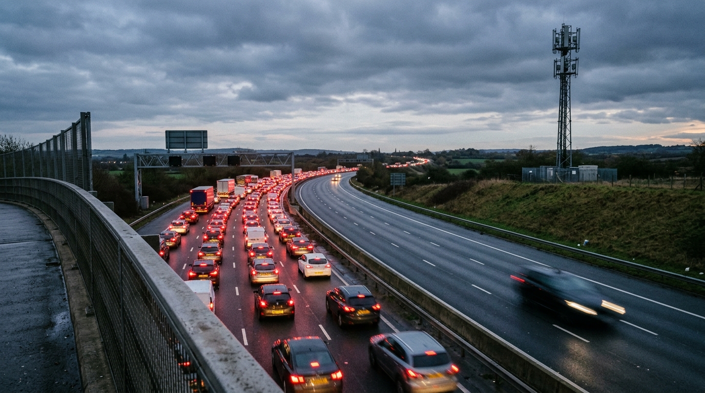 Autostrada al crepuscolo con corsie intasate e una corsia libera, e una BTS di rete mobile a bordo strada: il network slicing come corsia veloce a pagamento