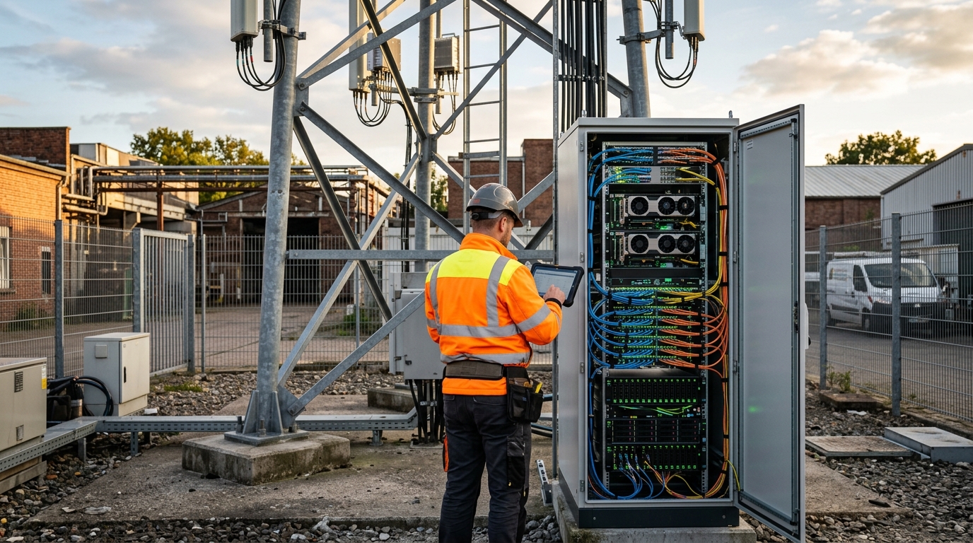 Tecnico davanti a un armadio con server GPU ai piedi di una BTS 5G: l'AI-RAN di Nokia su piattaforma Nvidia porta il calcolo accelerato nel sito radio