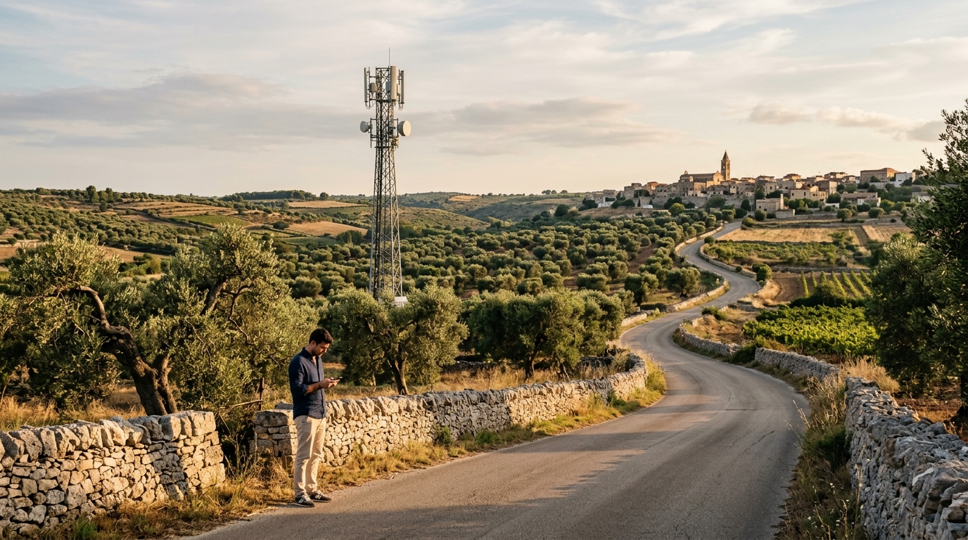 Copertura 5G Italia: una persona controlla lo smartphone su una strada tra gli ulivi del Salento, con una BTS su traliccio sullo sfondo