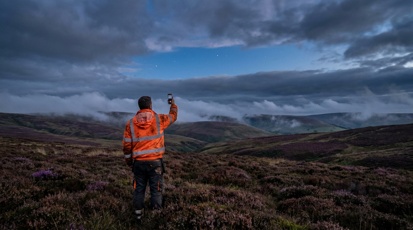 O2 Satellite for Business: un operaio in giubbotto ad alta visibilità alza lo smartphone verso il cielo su una brughiera inglese al crepuscolo, senza BTS in vista