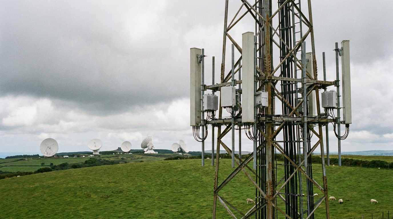 Spettro 6G: una BTS della rete mobile sulle colline inglesi con le parabole di una stazione terrena satellitare sullo sfondo, le due famiglie di utenti che si contendono le bande della WRC-27