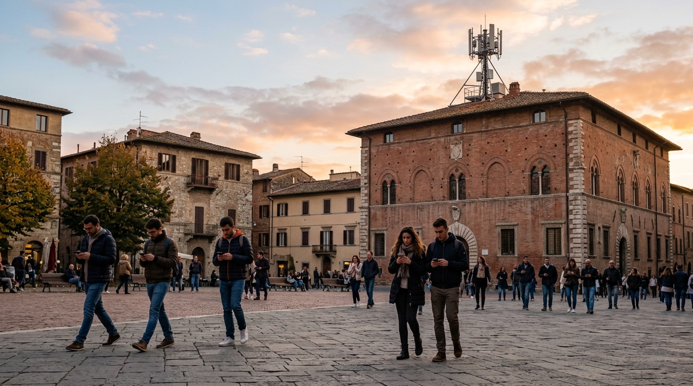 Persone con lo smartphone in una piazza italiana al tramonto, con un sito di rete mobile sul tetto di un palazzo: Poste all'85,8% di TIM dopo l'OPAS