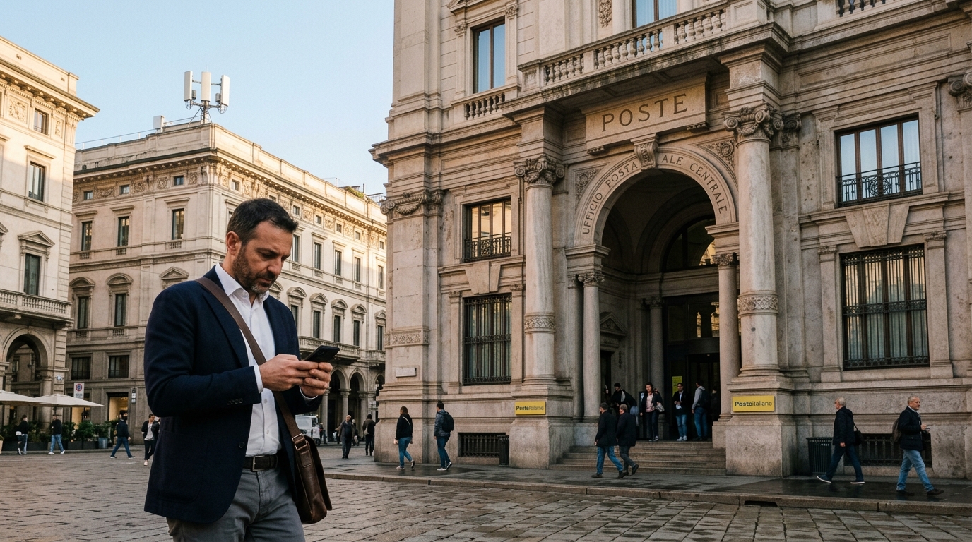 OPAS Poste TIM: un uomo in giacca consulta lo smartphone davanti alla facciata storica di un ufficio postale, con una BTS di rete mobile sul tetto del palazzo accanto
